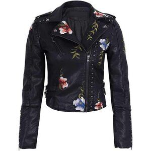 Women's Embroidered Studded Xhpy Black Faux Leather Jacket Floral Coat